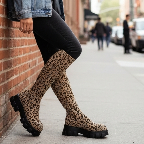 Leopard Chunky Platform Knee High Sock Boots Stretch Mesh Knit Block Heel Shoes - Picture 6 of 14